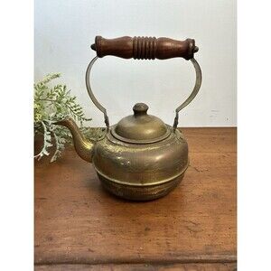 Small Vintage Brass Tea Kettle W/Wood Handle & Gooseneck Spout Patina READ